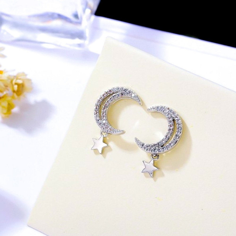 Delicate Silver Tone Moon & Dangling Star Earrings - Picture 4 of 8
